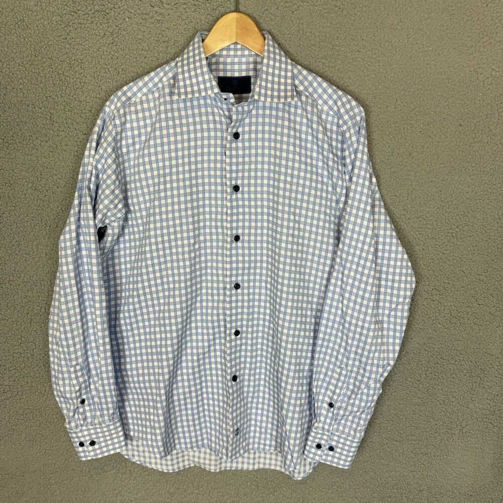 David Donahue Shirt Mens 15.5 34/35 Blue Check Long Sleeve Button Up Dress